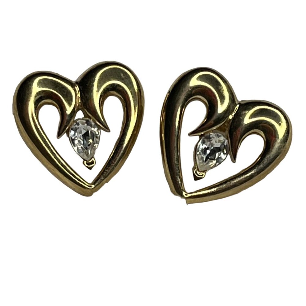 Vintage Napier Heart Shaped Earrings With Clear Stone & Gold Tone Finish